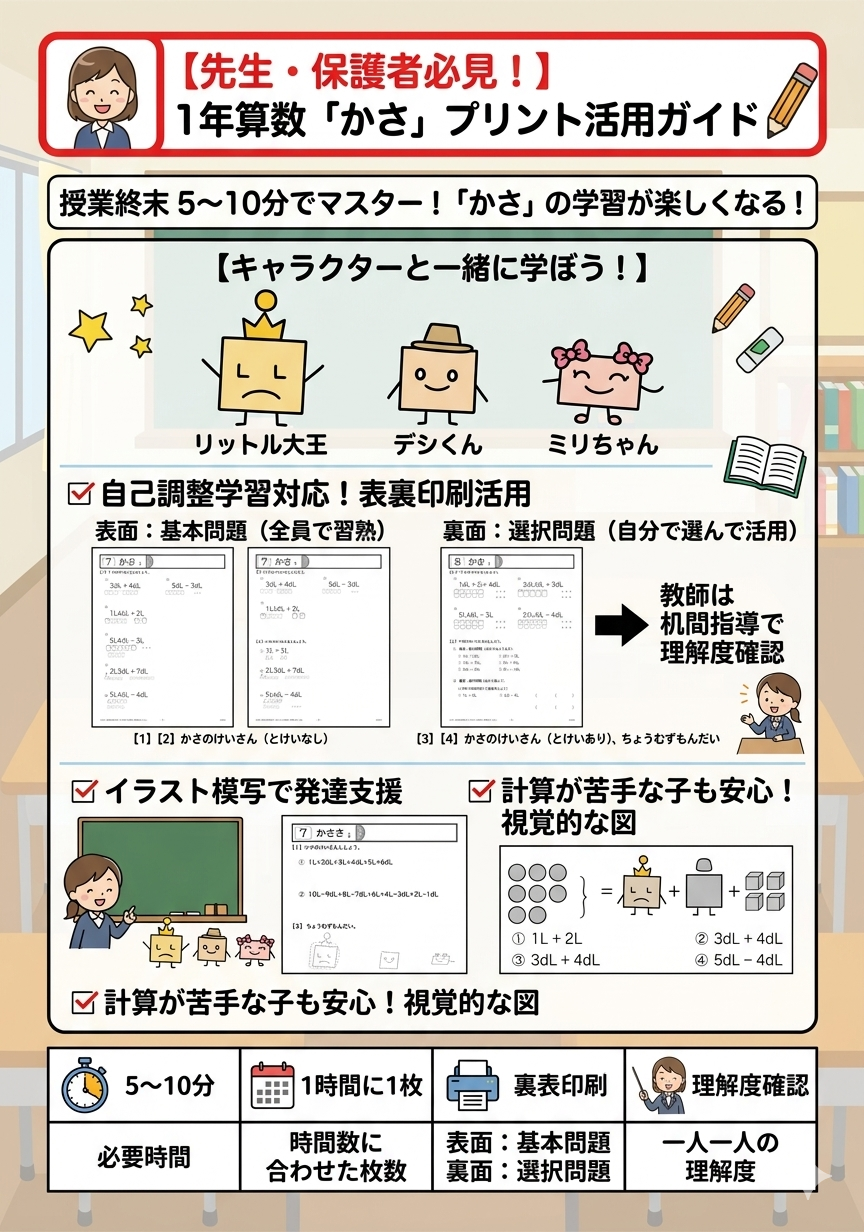 小２算数「かさ」１時間１枚プリント４枚分＋解答
