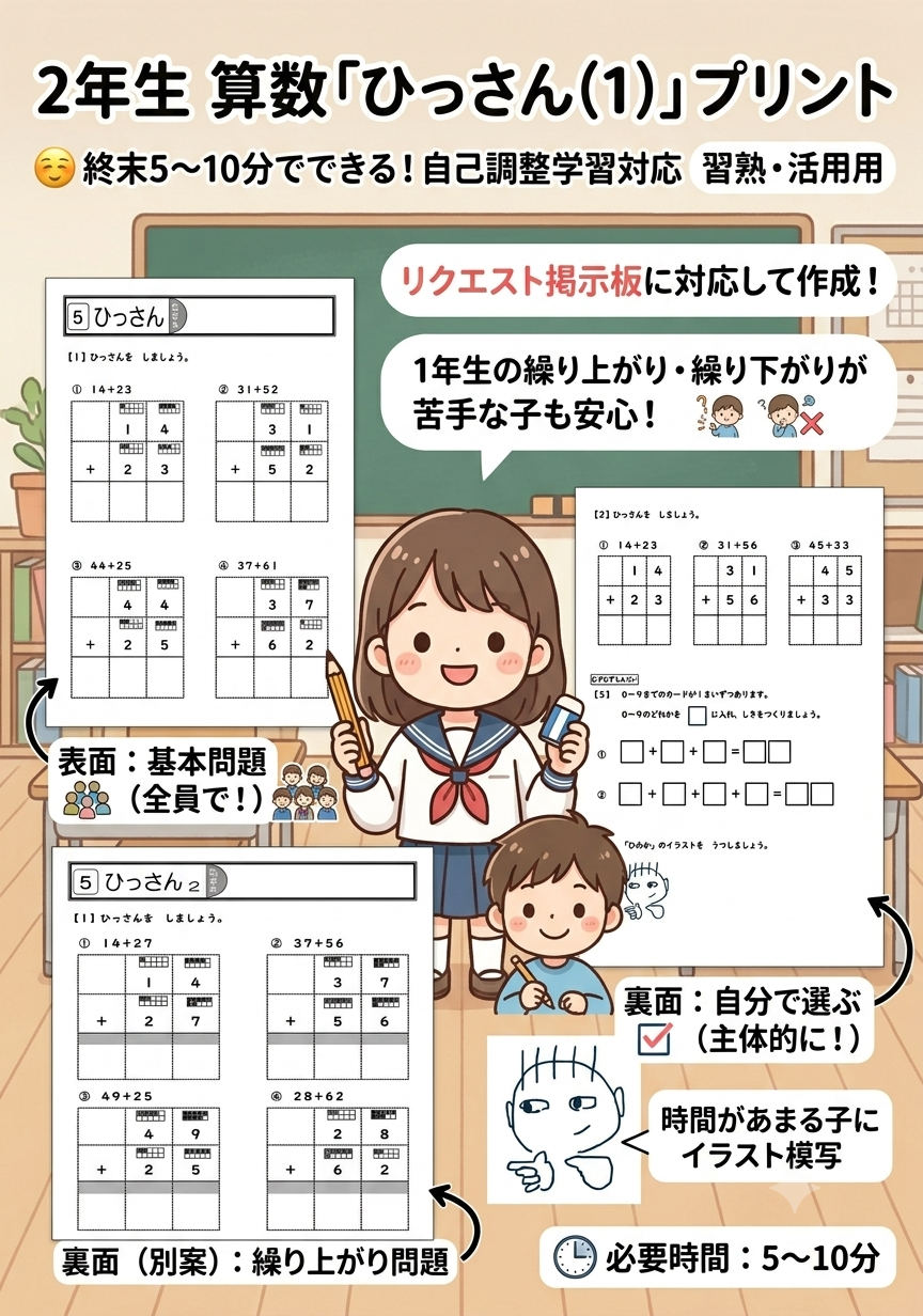 小２算数「筆算（１）」１時間１枚プリント裏表１０枚分＋解答
