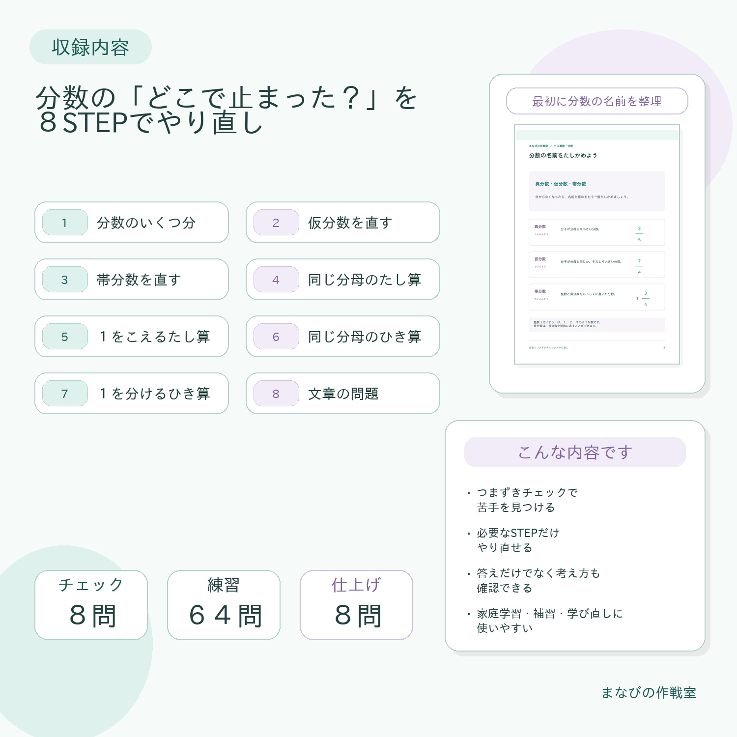 小4算数 分数|仮分数・帯分数・たし算・ひき算|つまずきチェック+やり直し・全80問・答えと解説つき - 画像 (2)