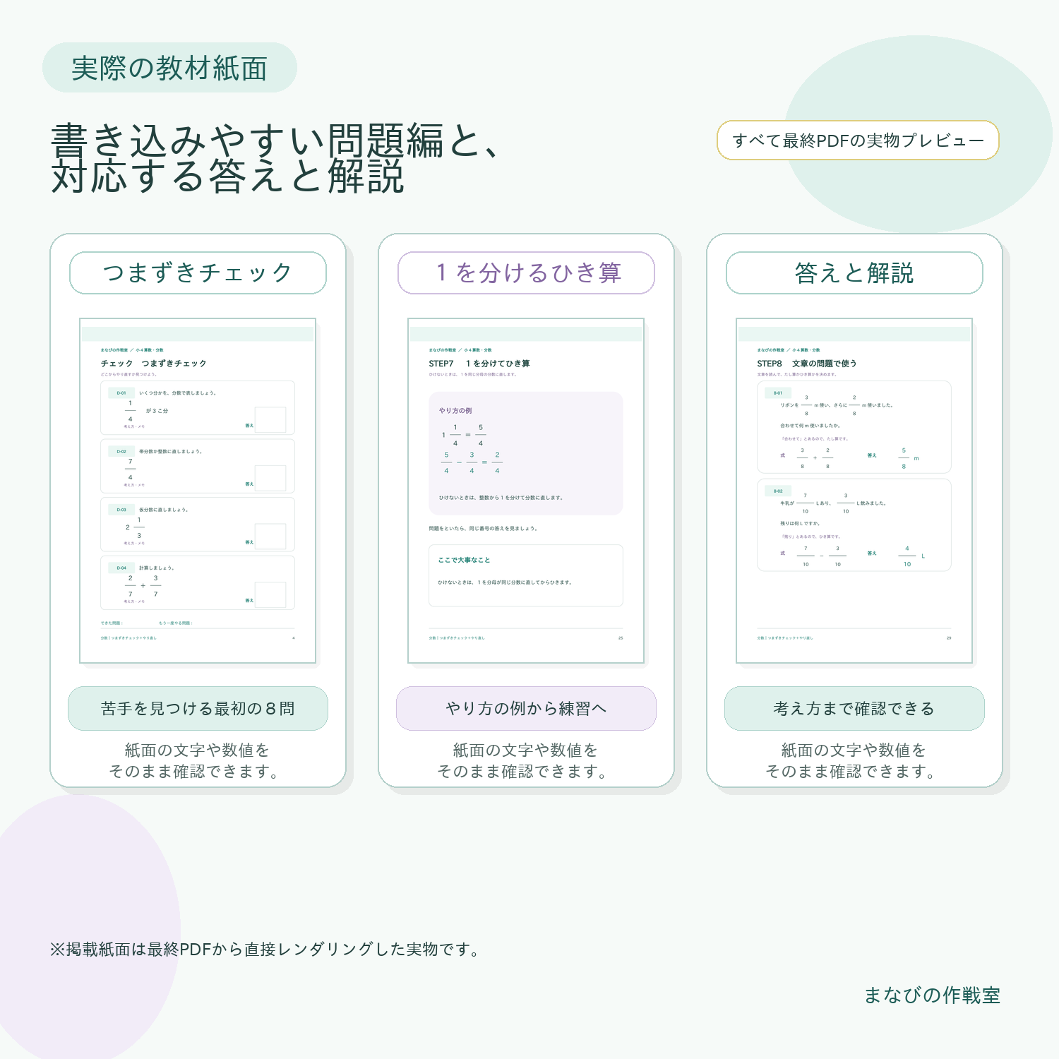 小4算数 分数|仮分数・帯分数・たし算・ひき算|つまずきチェック+やり直し・全80問・答えと解説つき - 画像 (3)