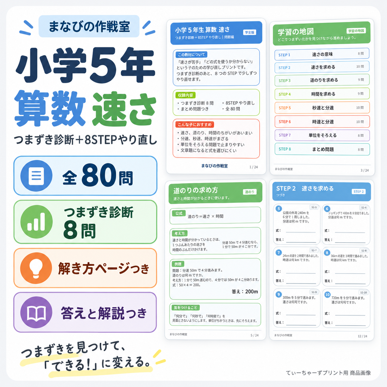 小5算数 速さ|つまずき診断+8STEPやり直し・全80問・答えと解説つき