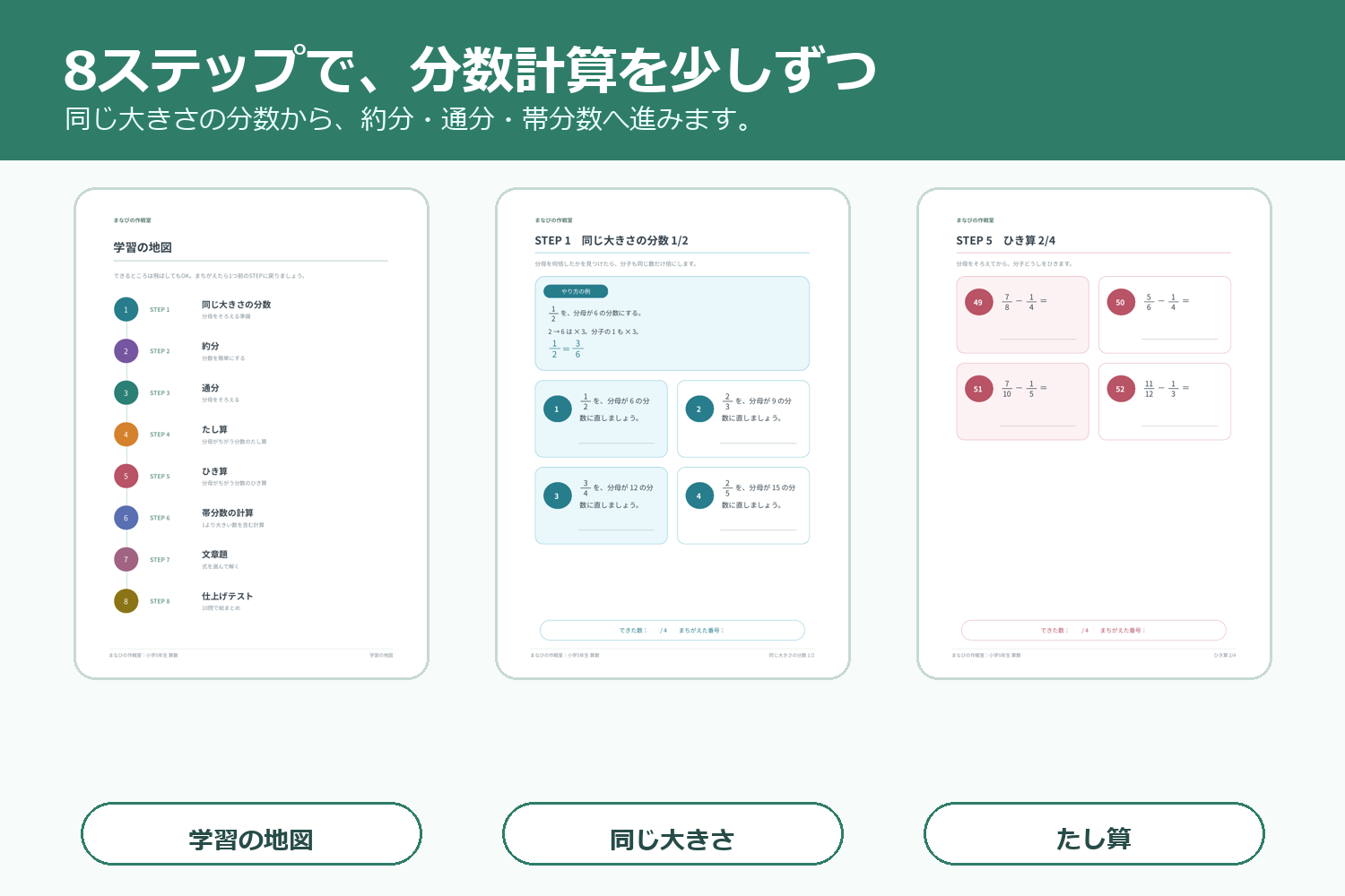 小5算数 分数のたし算とひき算｜全96問・8ステップ・答えと解説つき - 画像 (2)